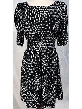 Topshop A Line Satin Dress Black White Classic Taj Mahal Tree Print Puff Sleeve